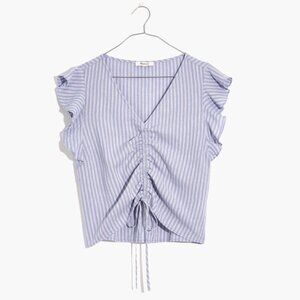 MADEWELL Linen-Blend Ruffle-Sleeve Drawstring Crop Top in Stripe Size 4